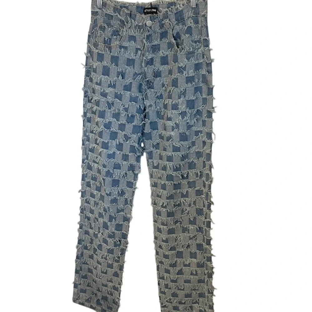 PrettyLittleThing Frayed Checkerboard Distressed High Waist Straight Jeans US 0